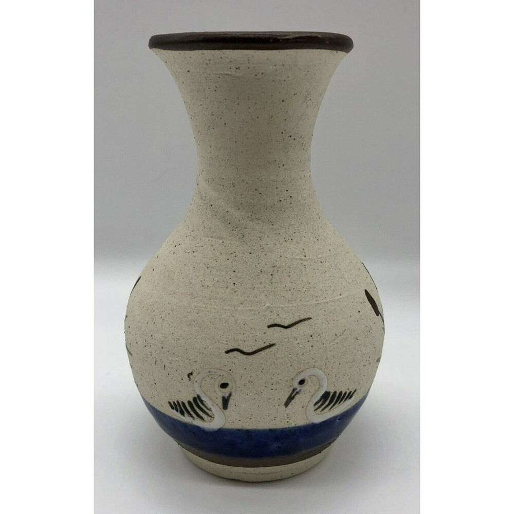 Vintage‎ Tonala Mexico Vase Art Pottery Swans Cattails Water Sandstone 5" Cobalt